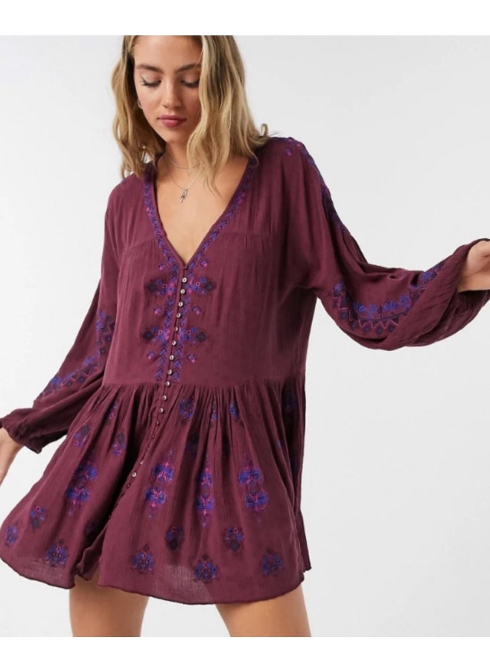 Free People Plum Embroidered V-Neck Tunic